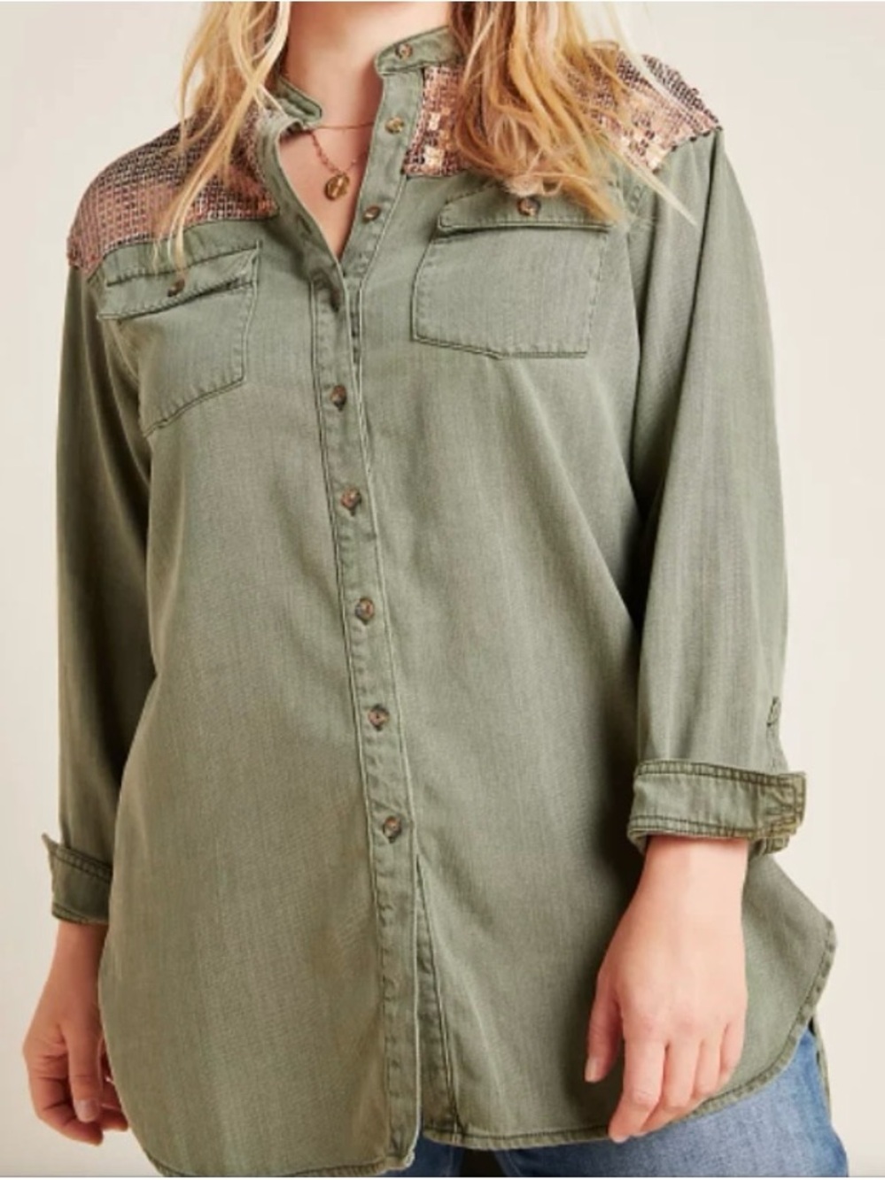 Anthropologie Olive Green with Gold Sequins Detail Button Down Shirt - Size 12